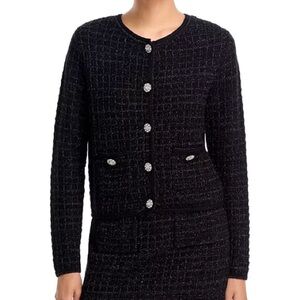 Aqua Elegant Black Tweed Cardigan Sweater with Crystal Buttons